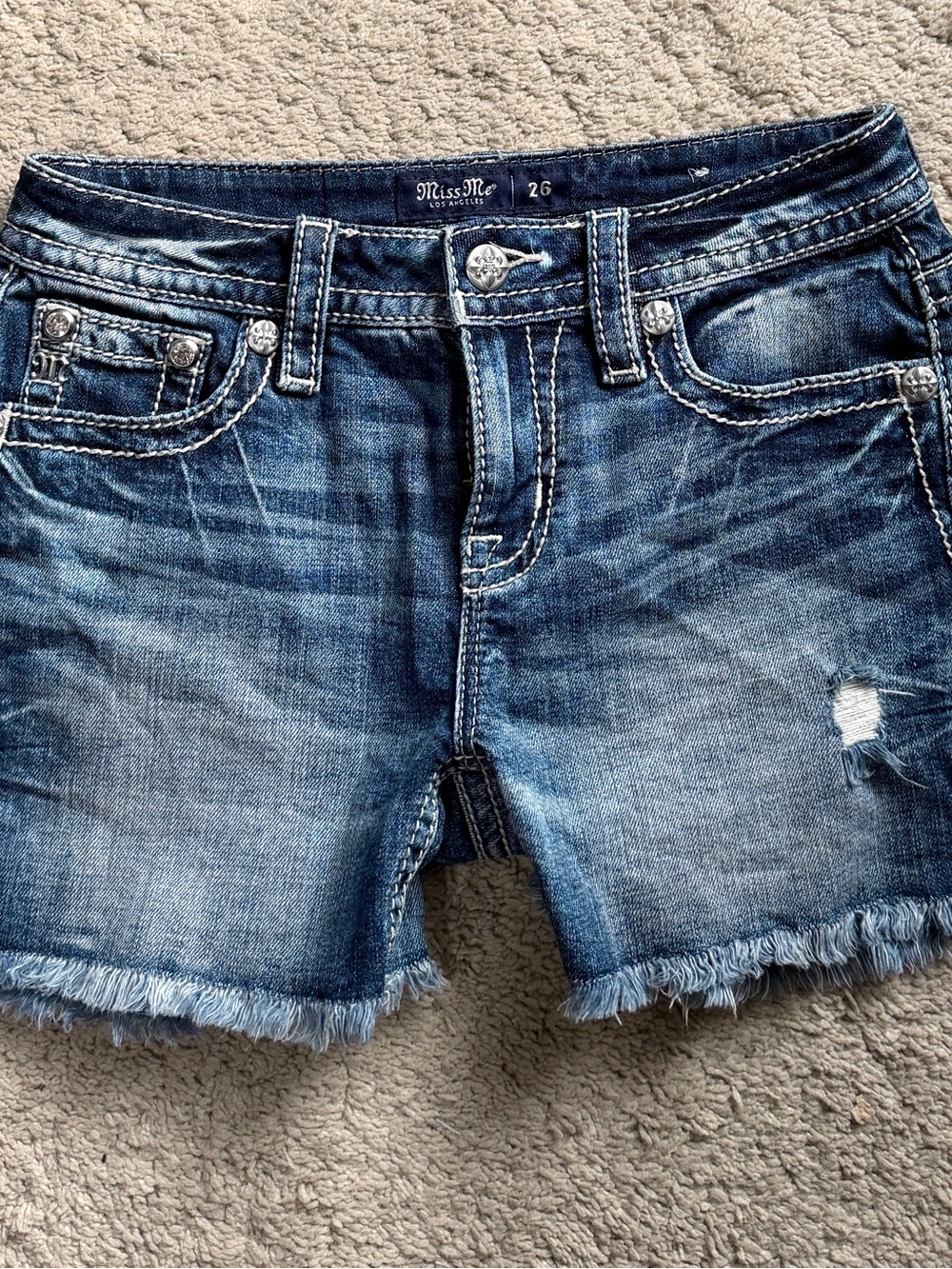 Miss Me Shorts 26 Denim Blue Jean Y2k Rhinestone Embellished Midi angel wing - Picture 8 of 10